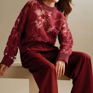 Burgundy Casual Women's Floral Pattern Round Neck Long Sleeve Knit Sweater